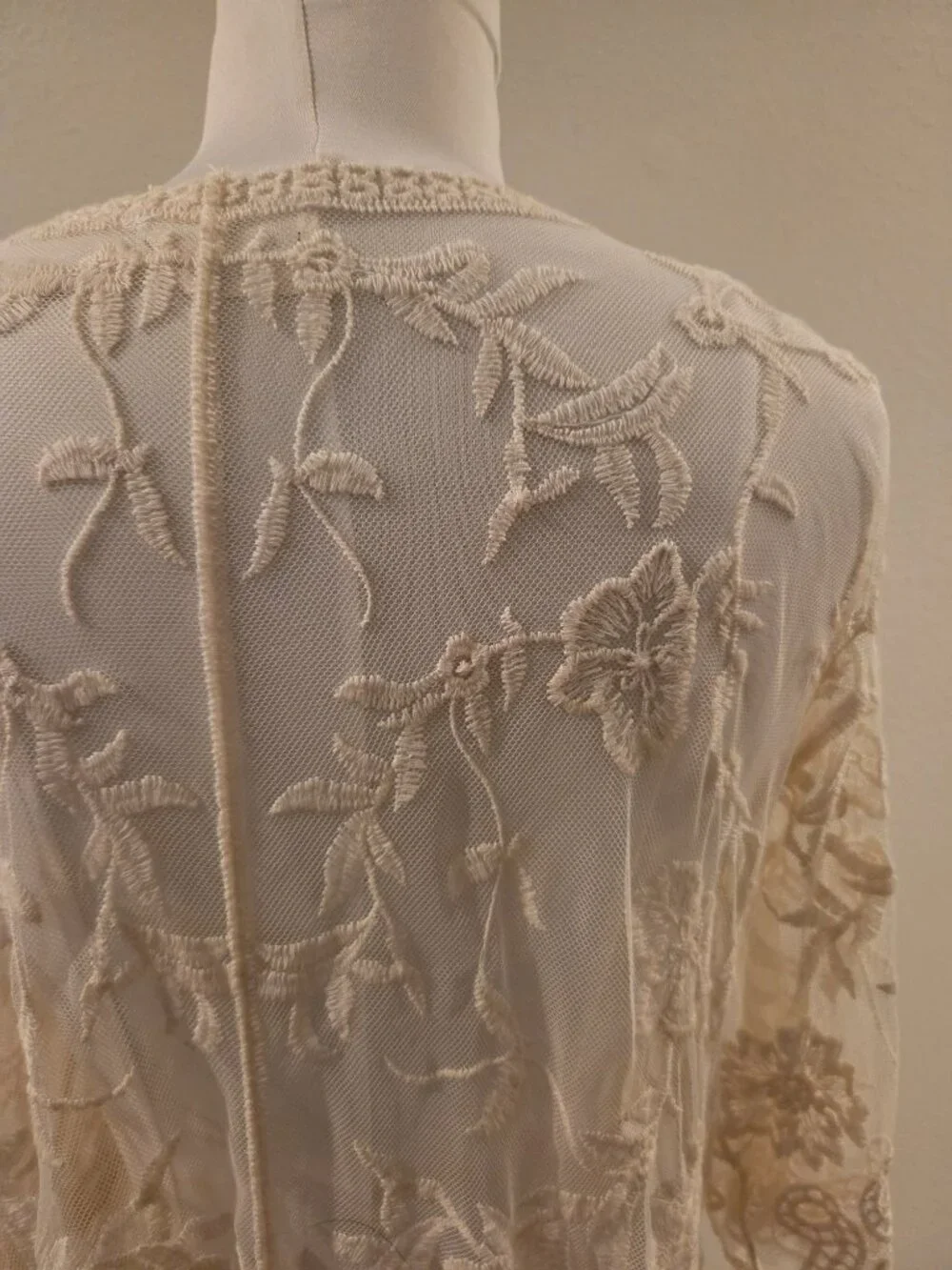 Ivory Sheer Embroidered Lace Maxi Duster Kimono Boho Open Front